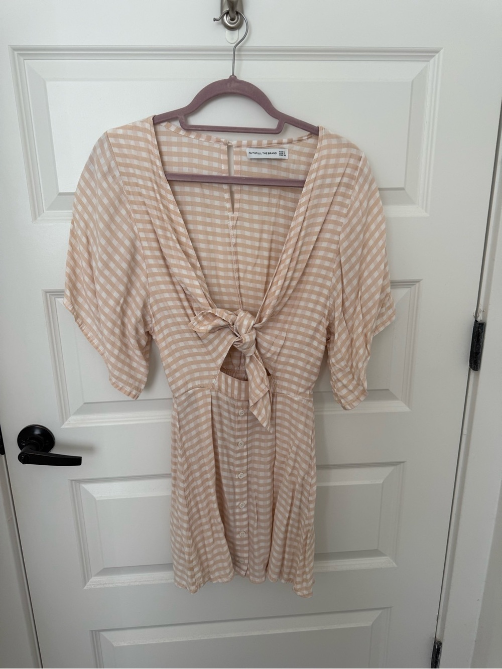 Faithfull the Brand Beige & White Gingham Tie-Front Mini Dress